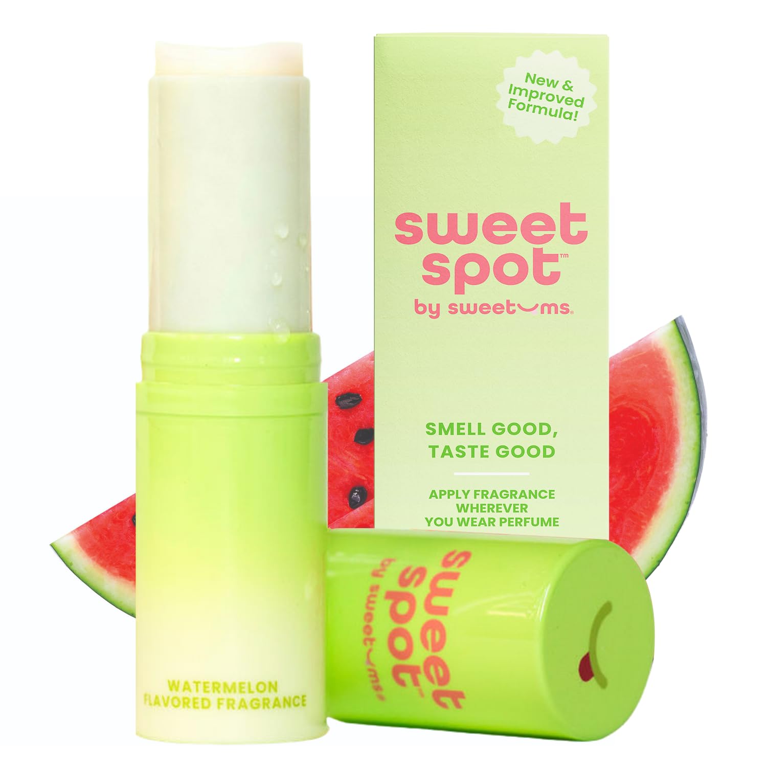 SweetSpot Watermelon solid perfume stick on wrist for easy, travel-friendly fragrance.