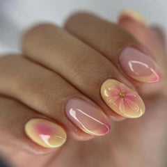 SWEKKE short almond nails with French tip and 3D flower design for stylish everyday use.