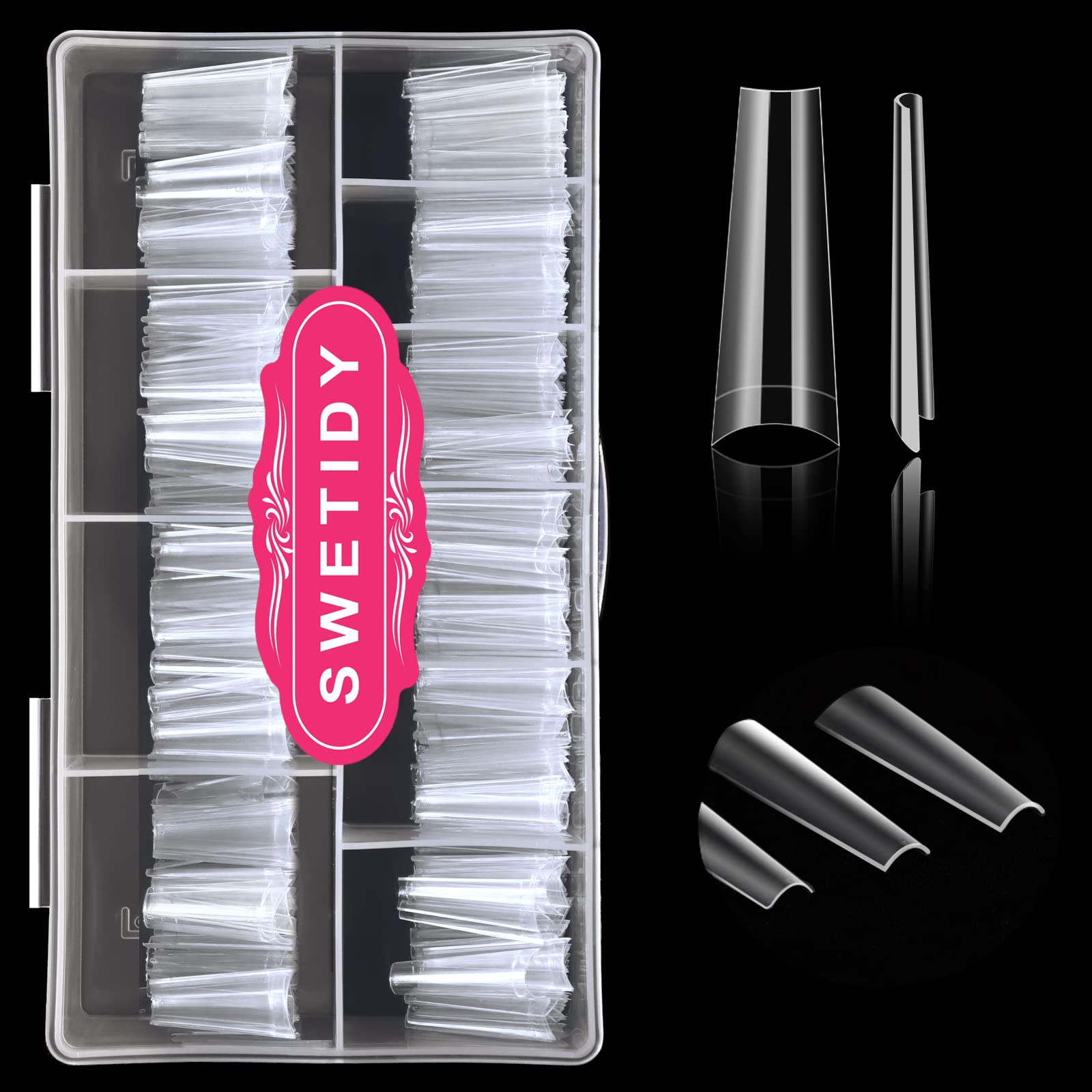 SWETIDY 500pcs No C Curve XL coffin nail tips in a box for organized salon prep