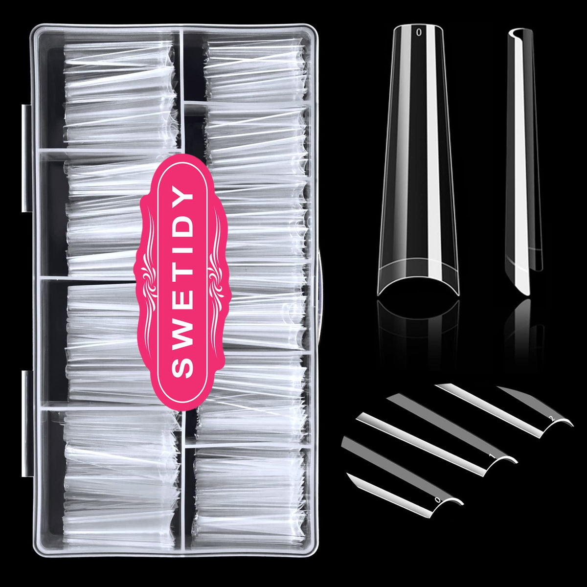 Swetidy XXL No C Curve coffin tips in clear finish for natural-looking extensions.