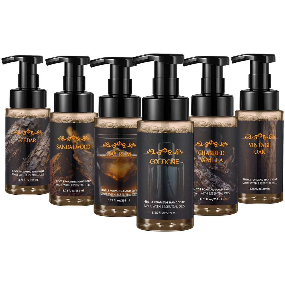Swiffen six‑pack foaming hand soap with cedar scent, ideal for daily cleansing and masculine aroma.