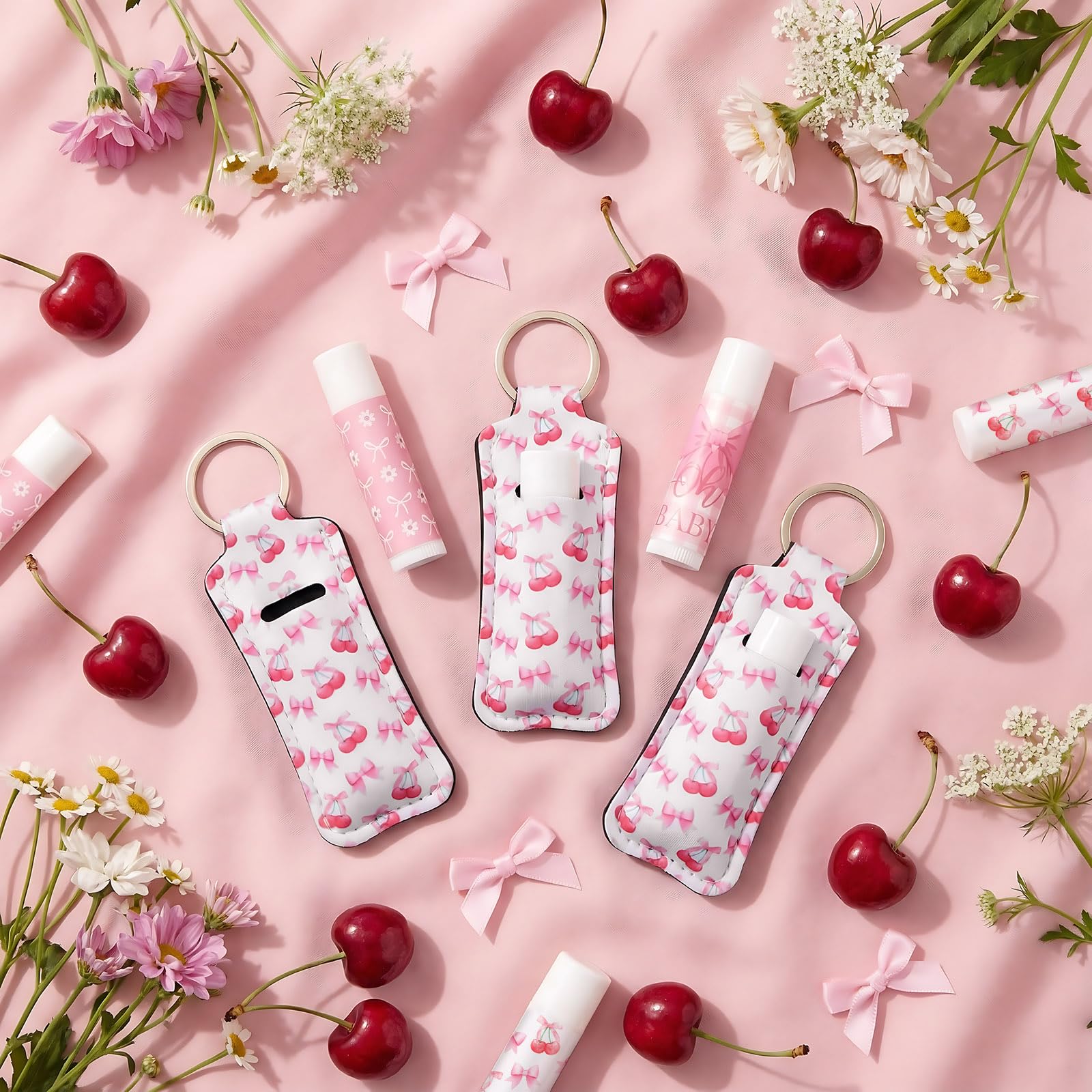 Swiffen pink bow lip balm holder keychain keeps moisture handy during celebrations