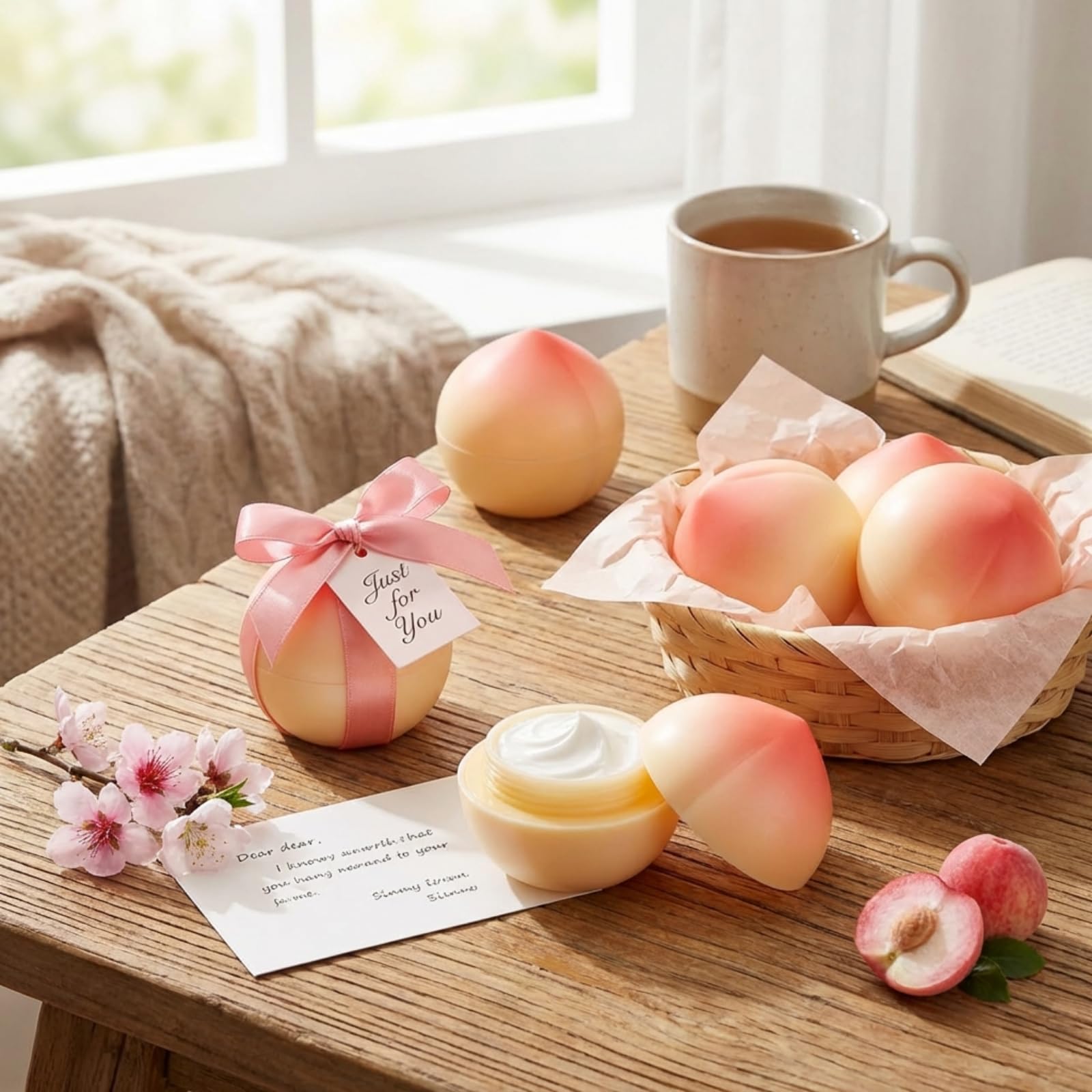 Swiffen peach hand cream pump bottle in hand for easy application