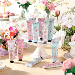 Closeup of Swiffen Tea Party Hand Cream 30ml tubes for travel use