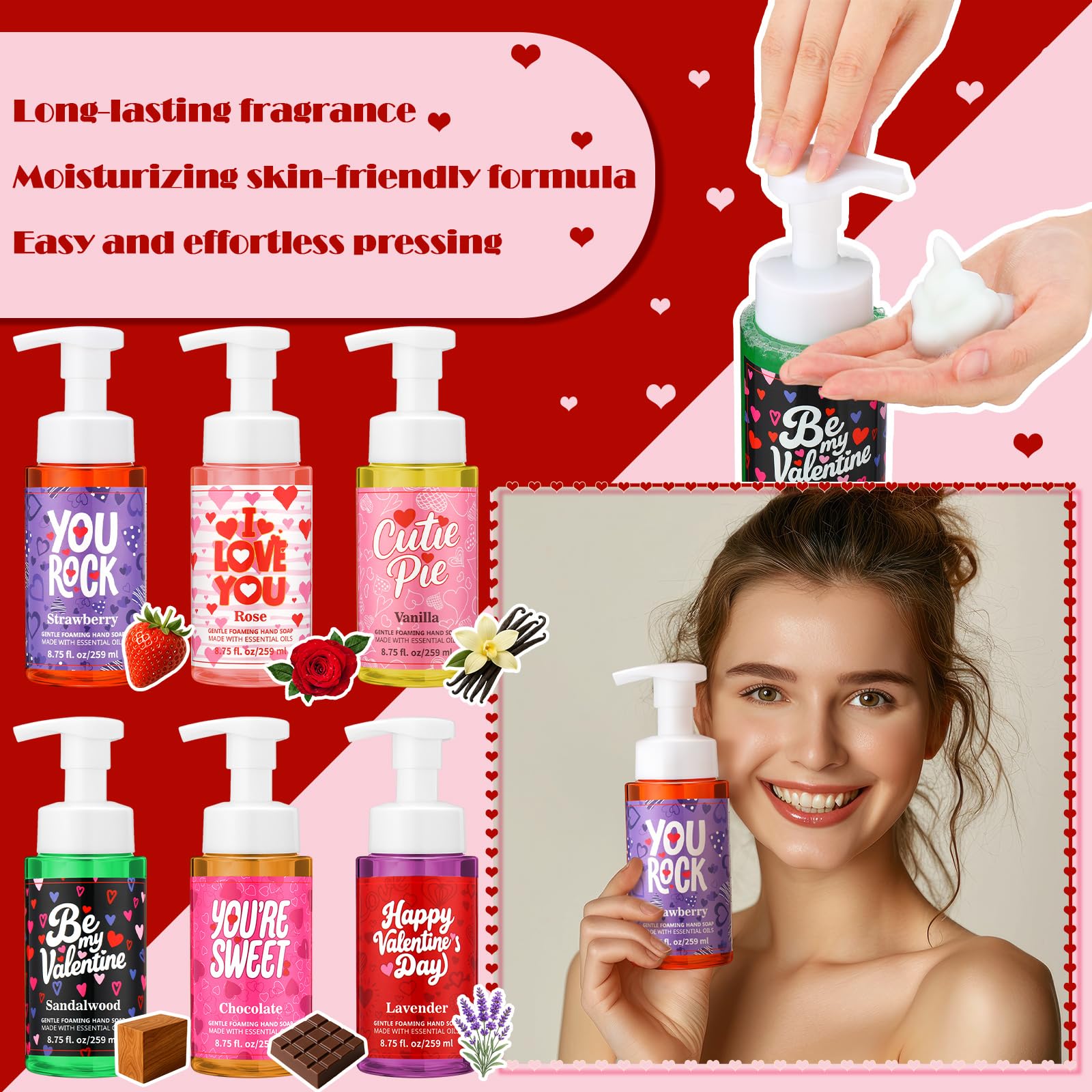 Swiffen Valentine holiday design packaging shown on foaming hand soap set