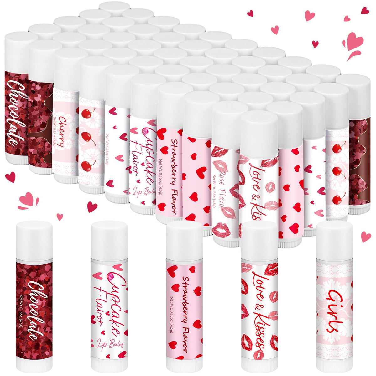 Swiffen Valentine lip balms 50-pack for gifting at events.