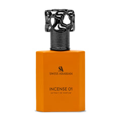 Swiss Arabian Incense 01 EDP bottle front view for a premium fragrance impression at special occasions.