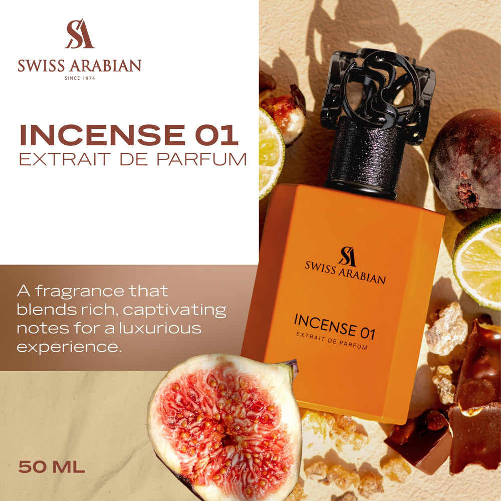 Swiss Arabian Incense 01 EDP bottle side view highlights sleek silhouette and premium finish.