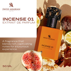 Swiss Arabian Incense 01 EDP bottle side view highlights sleek silhouette and premium finish.