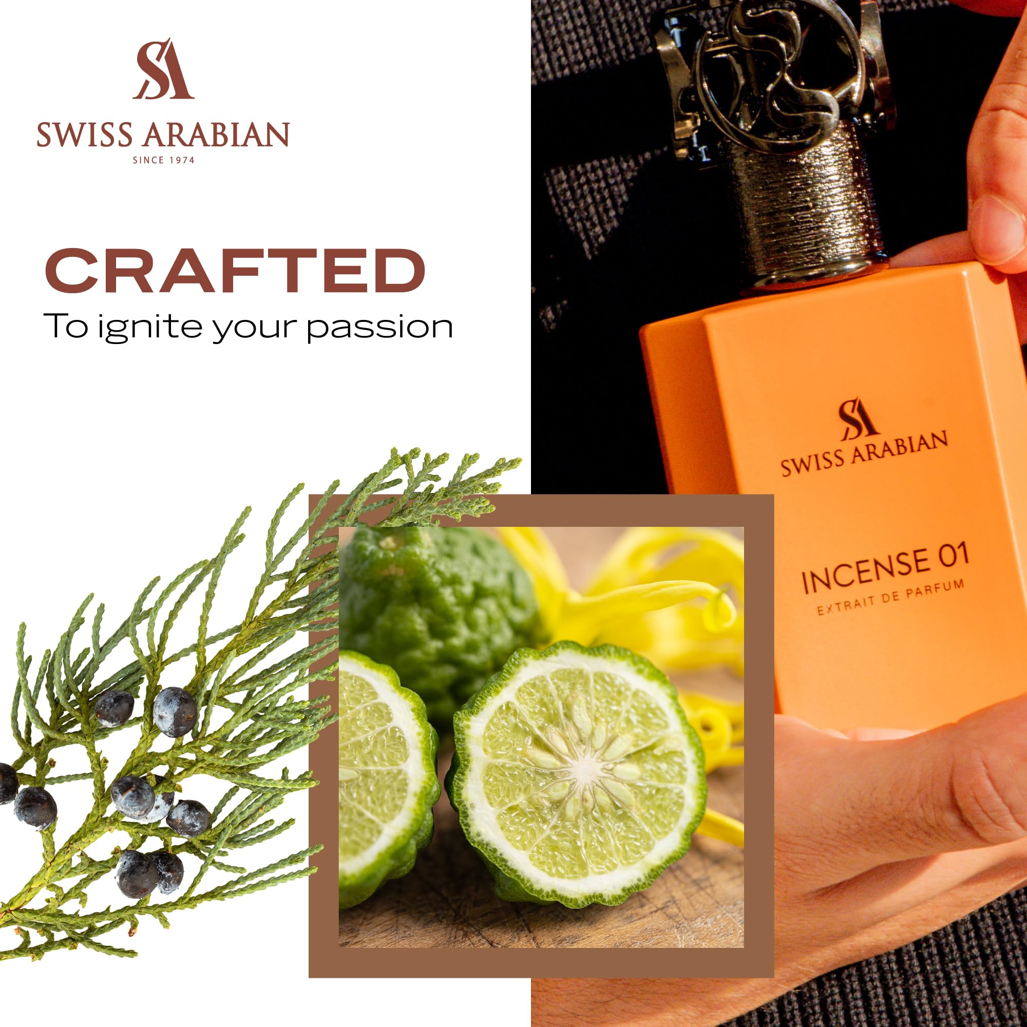 Swiss Arabian Incense 01 label close-up emphasizes product identity and luxe aesthetics.