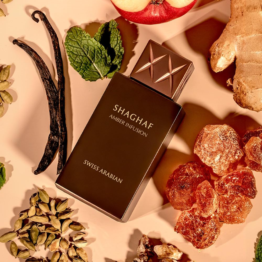 Packaging of Swiss Arabian Shaghaf Amber Infusion conveys luxury and gift-ready appeal