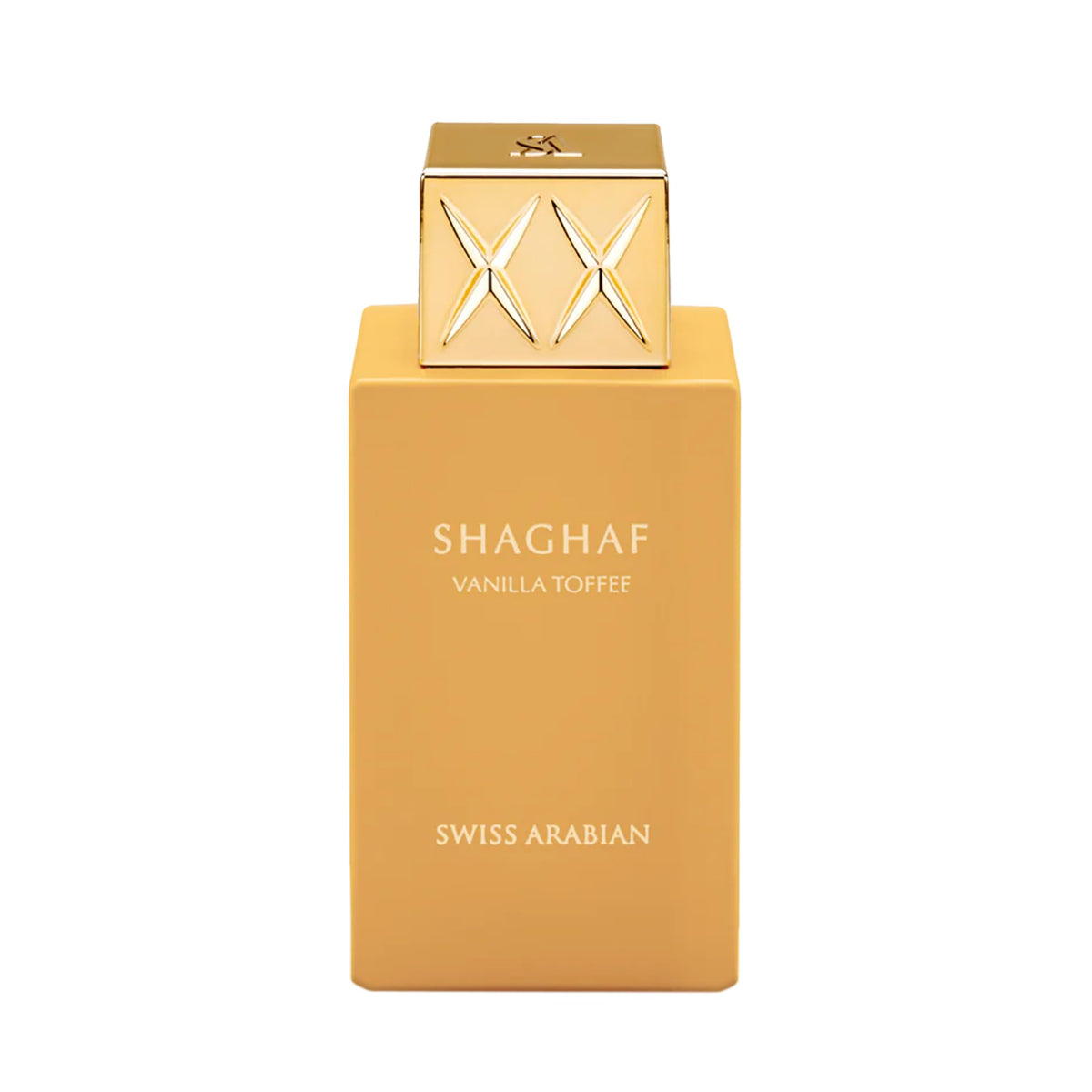 Swiss Arabian Shaghaf Vanilla Toffee bottle with pour, long-lasting fragrance for day and night