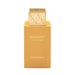 Swiss Arabian Shaghaf Vanilla Toffee bottle with pour, long-lasting fragrance for day and night