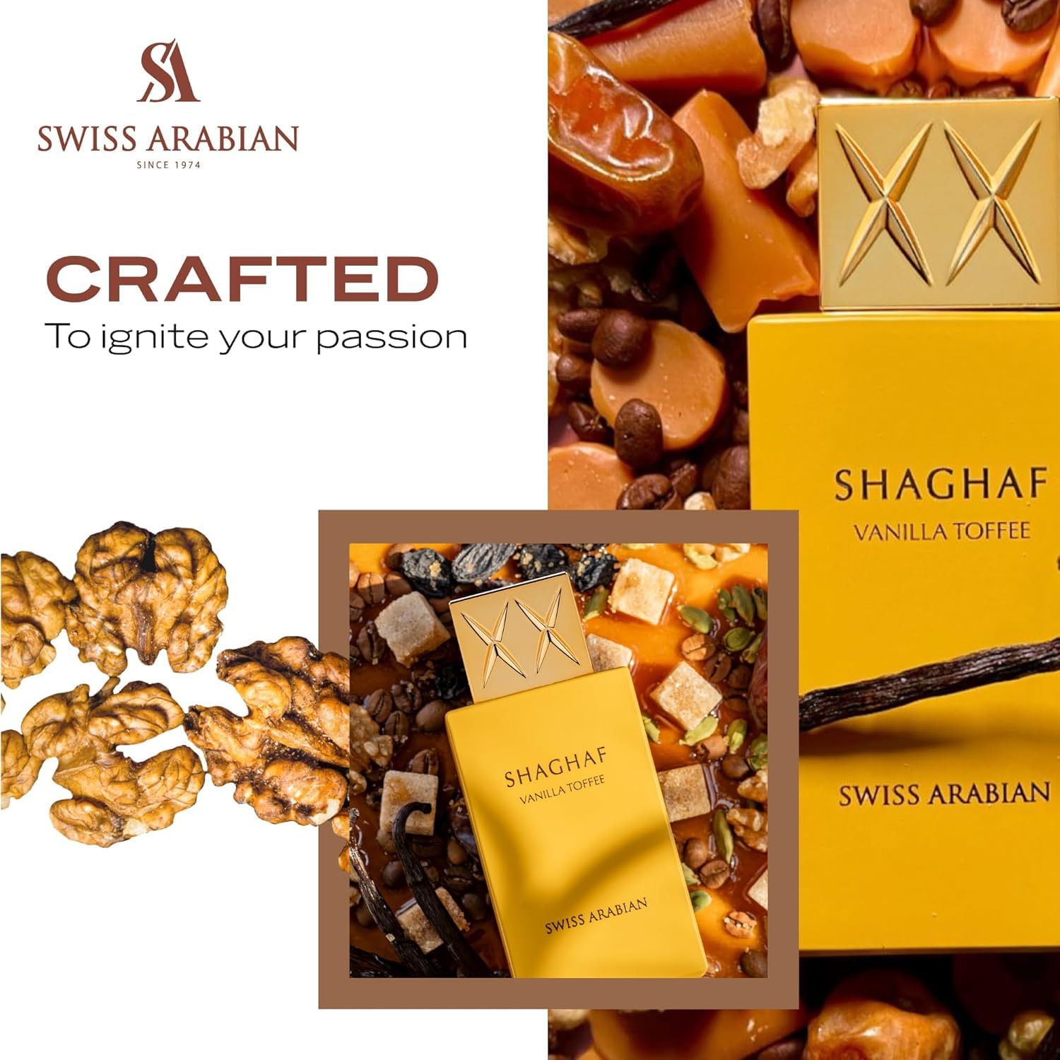 Swiss Arabian Shaghaf Vanilla Toffee label, detailed branding for authenticity