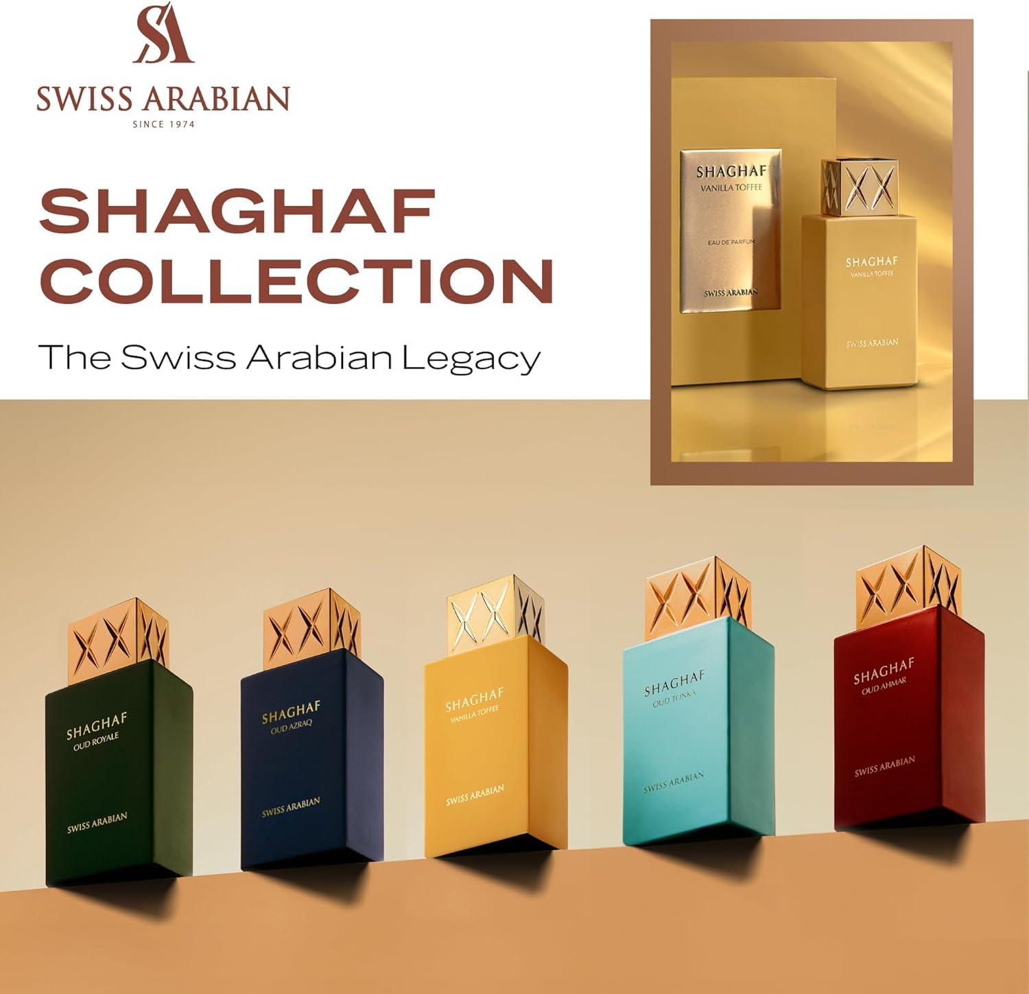 Swiss Arabian Shaghaf Vanilla Toffee outer box, travel-friendly presentation