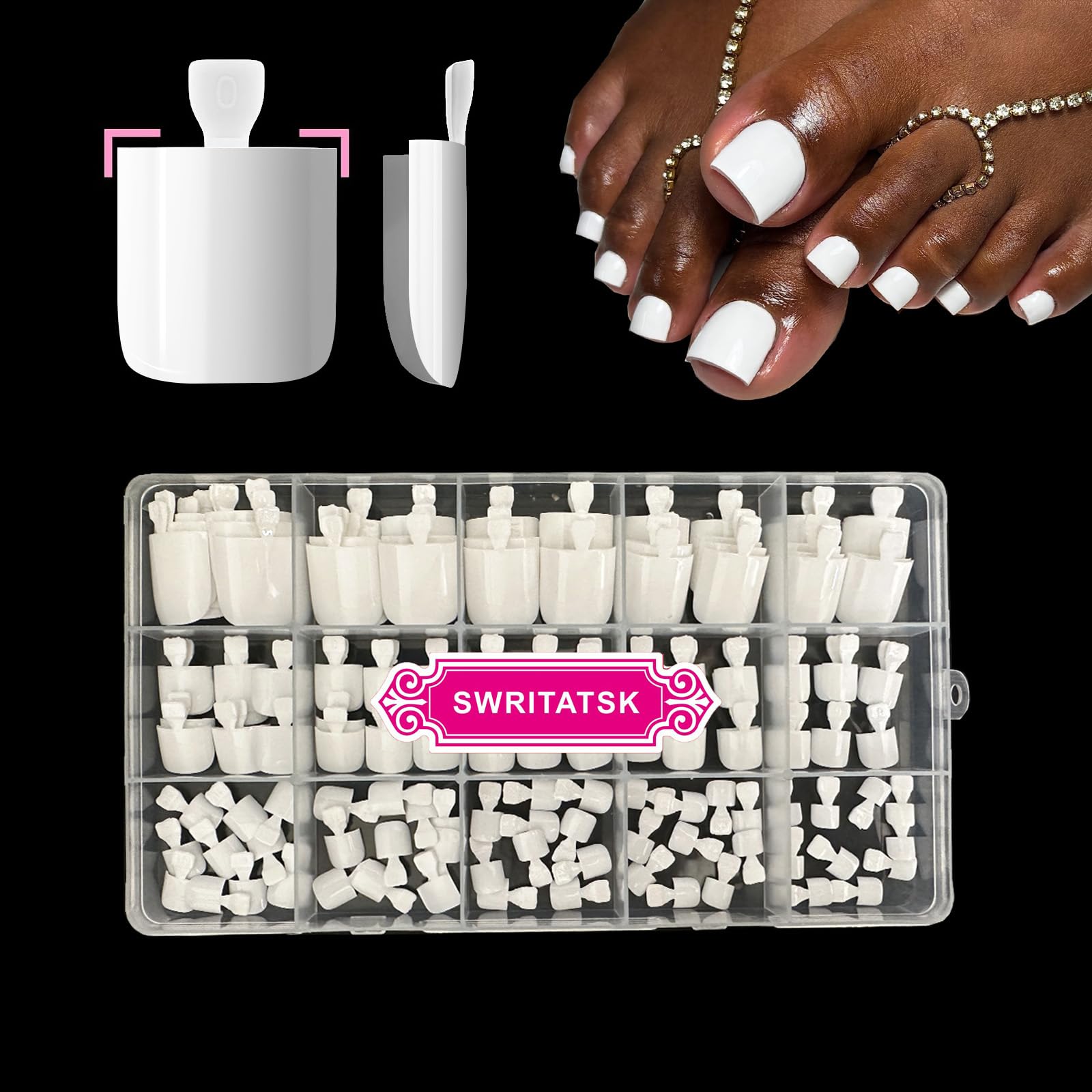 SWRITATSK white toe nail press ons 150pcs organized in a storage case for easy selection.