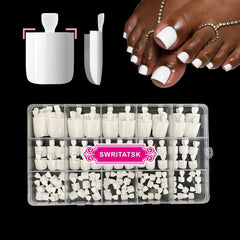 SWRITATSK white toe nail press ons 150pcs organized in a storage case for easy selection.