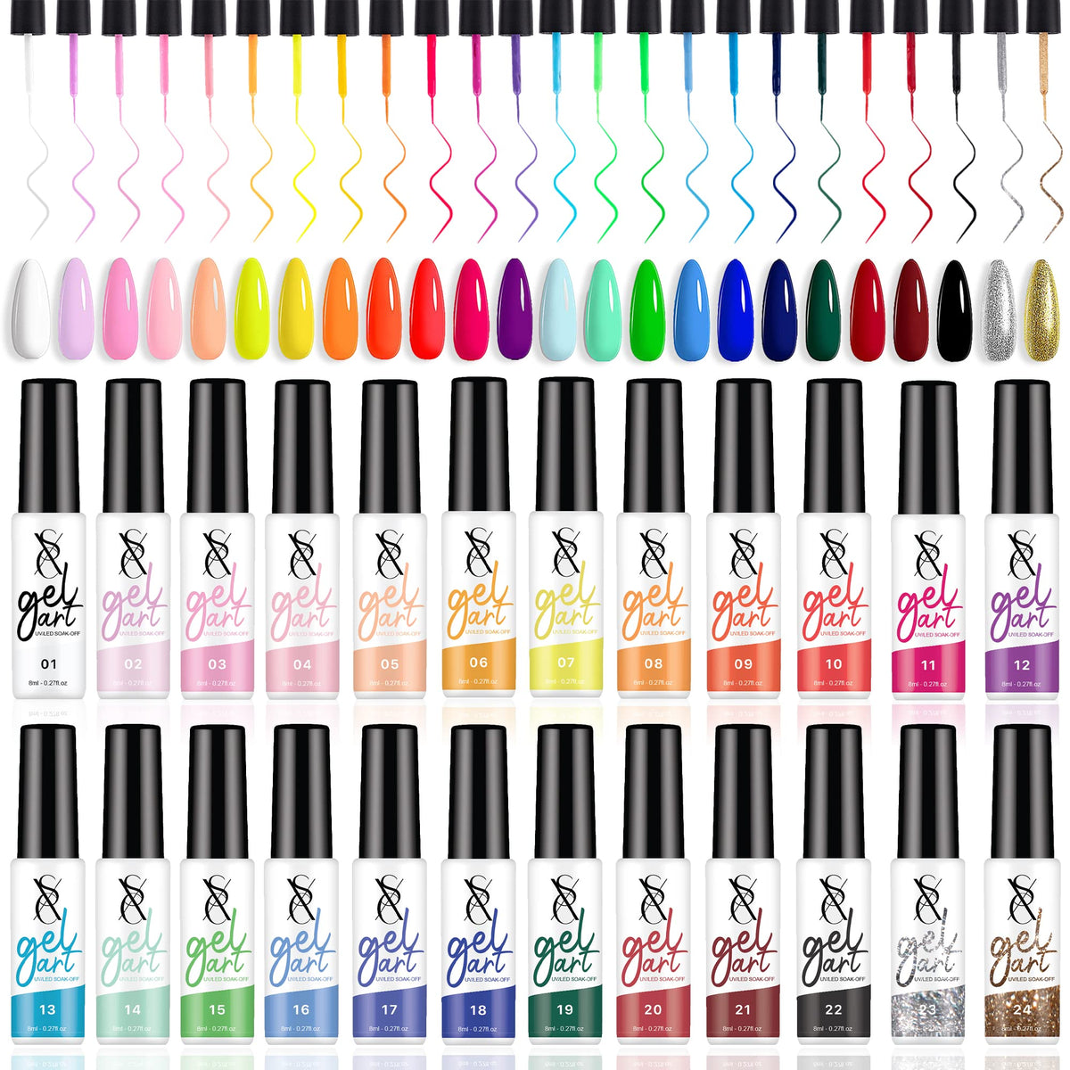 SXC 24-color gel liner set bottle with built-in brush for precise lines.