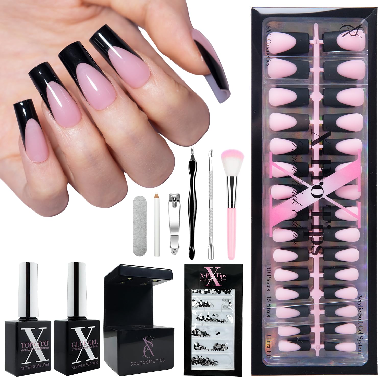 SXC Black Series French Tip nails in box for bold, ready-to-wear looks.