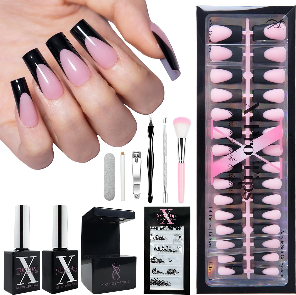 SXC Black Series French Tip nails in box for bold, ready-to-wear looks.