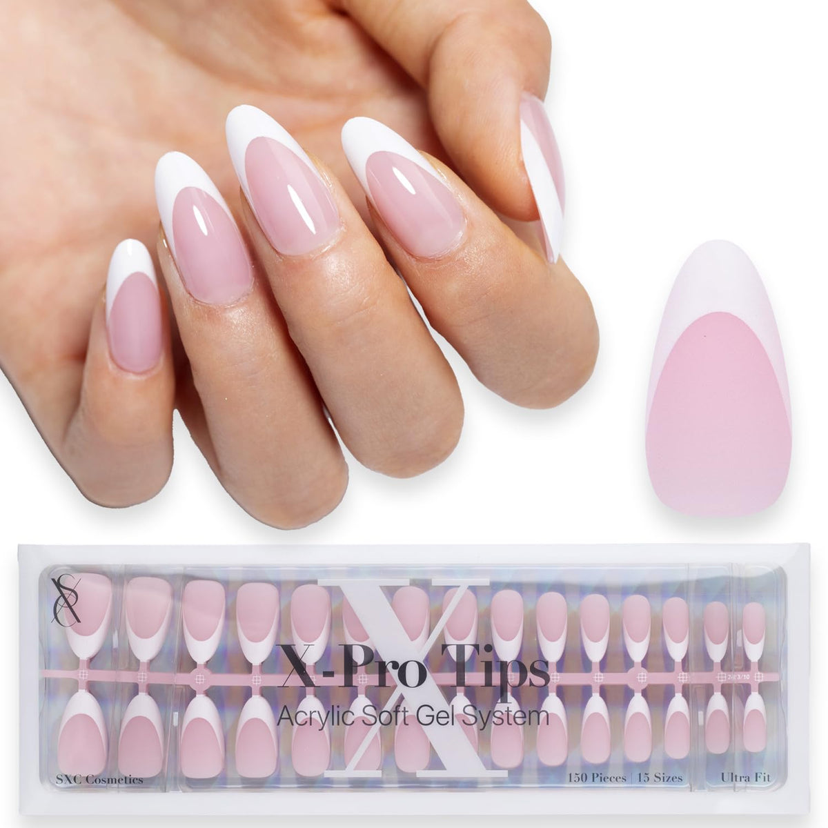 SXC French Tip pink almond press-on nails shown for a salon-like home manicure