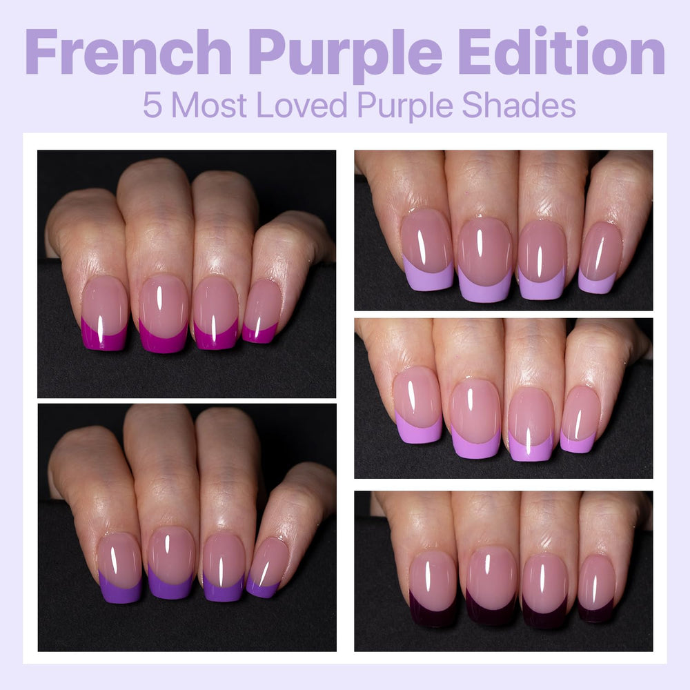 Close-up of purple French tip nails on hand from SXC Cosmetics