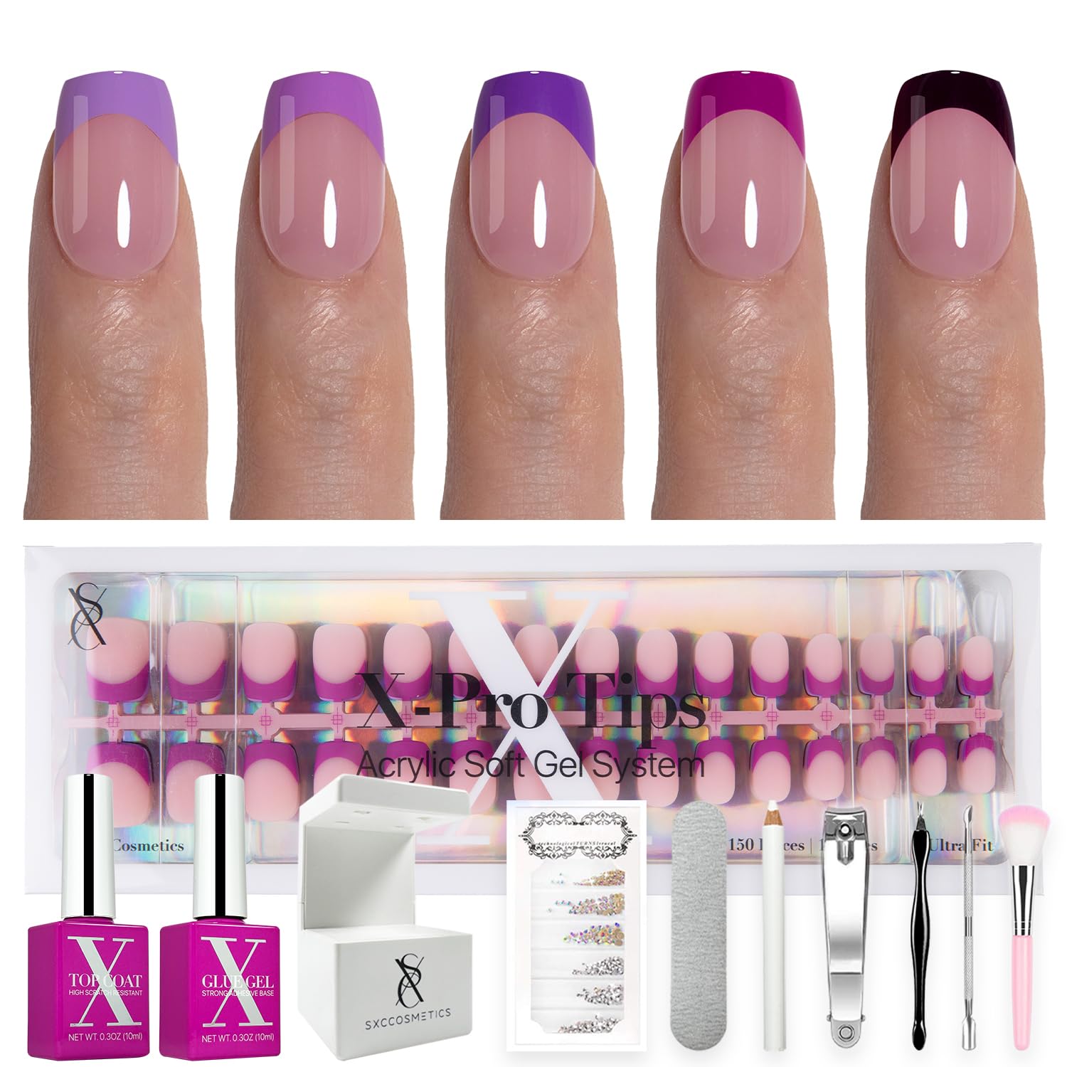 SXC Cosmetics purple French tip nails in extra short square shape for at-home glam look