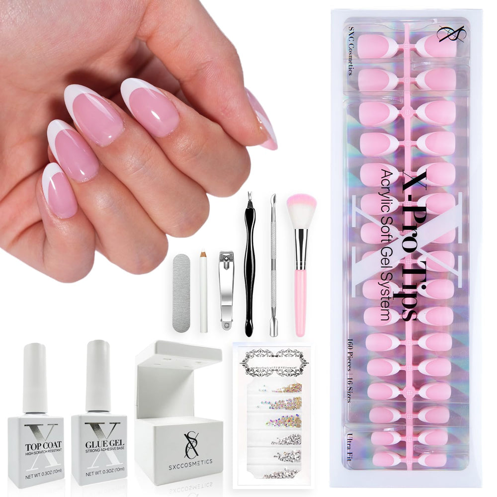 SXC French Tip Pink Series nails in short almond shape for a chic everyday look.
