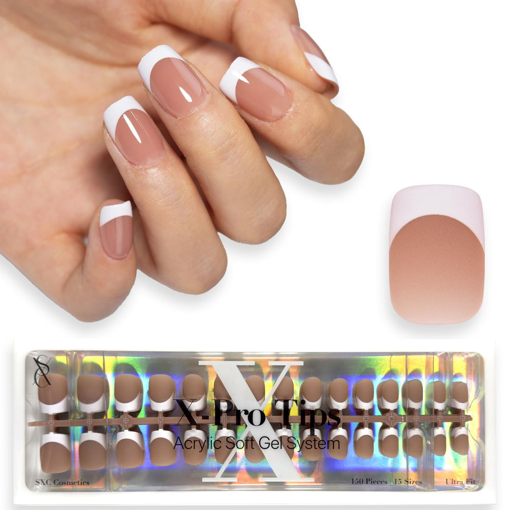 SXC brown French tip press-on nails, extra short square shape for quick, flawless nails.