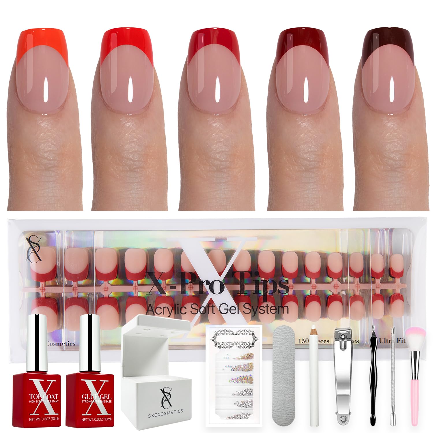 SXC Red Series extrashort square nails for quick, stylish at-home manicure