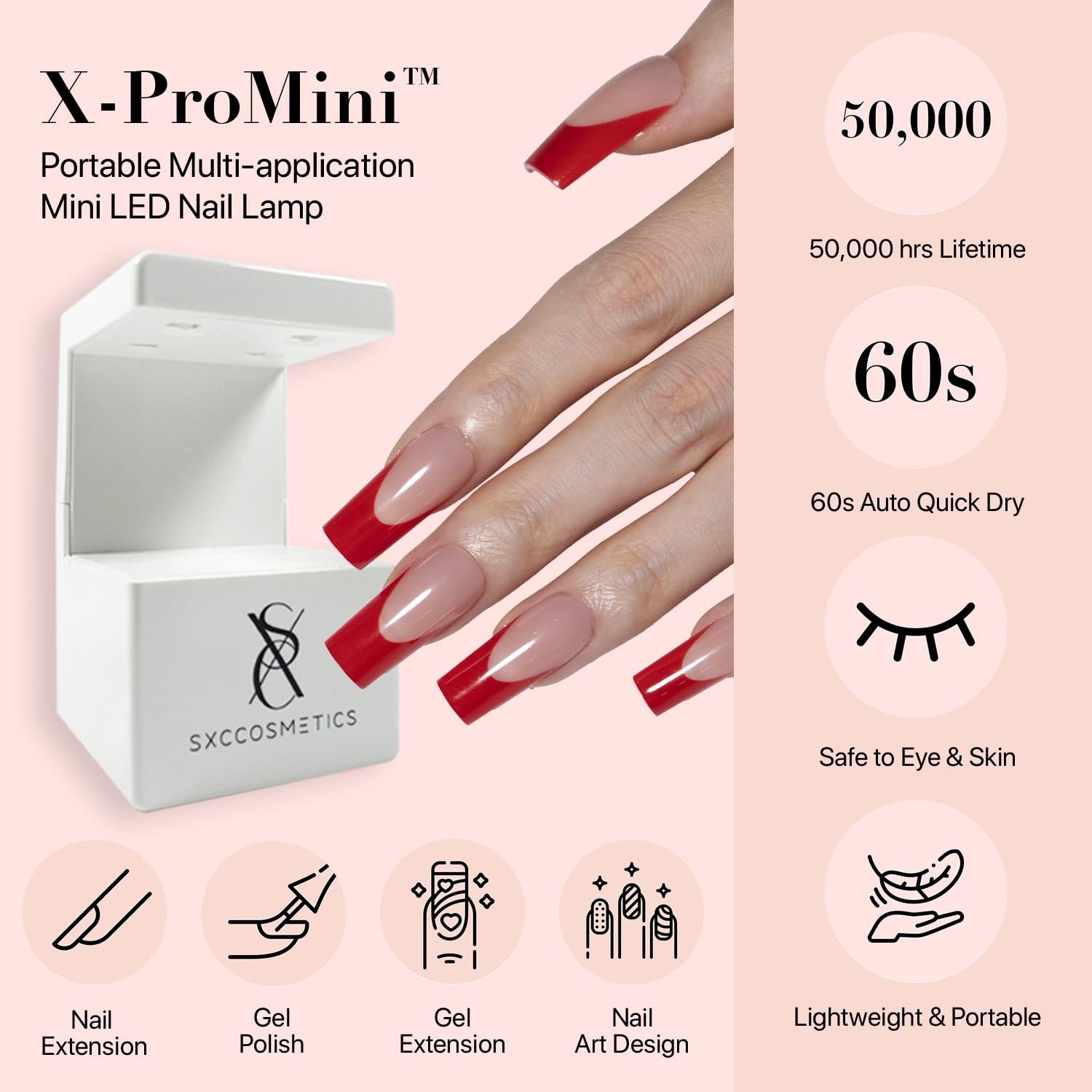 SXC Deep red French tip nails on coffin style for dramatic nail art.