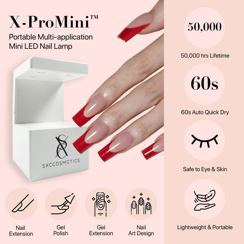 SXC Deep red French tip nails on coffin style for dramatic nail art.