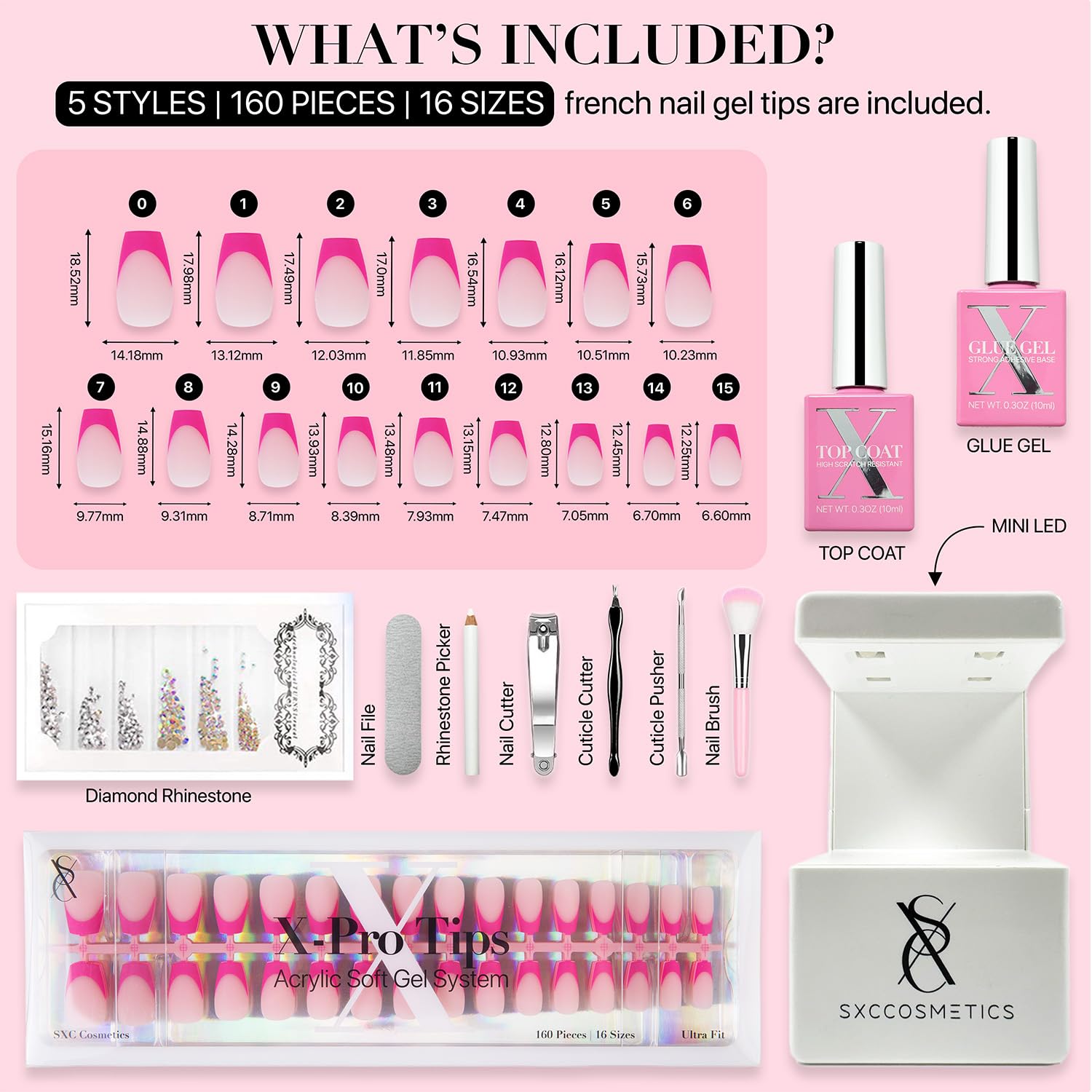 Nail sizes chart showing 16 options for a precise fit.