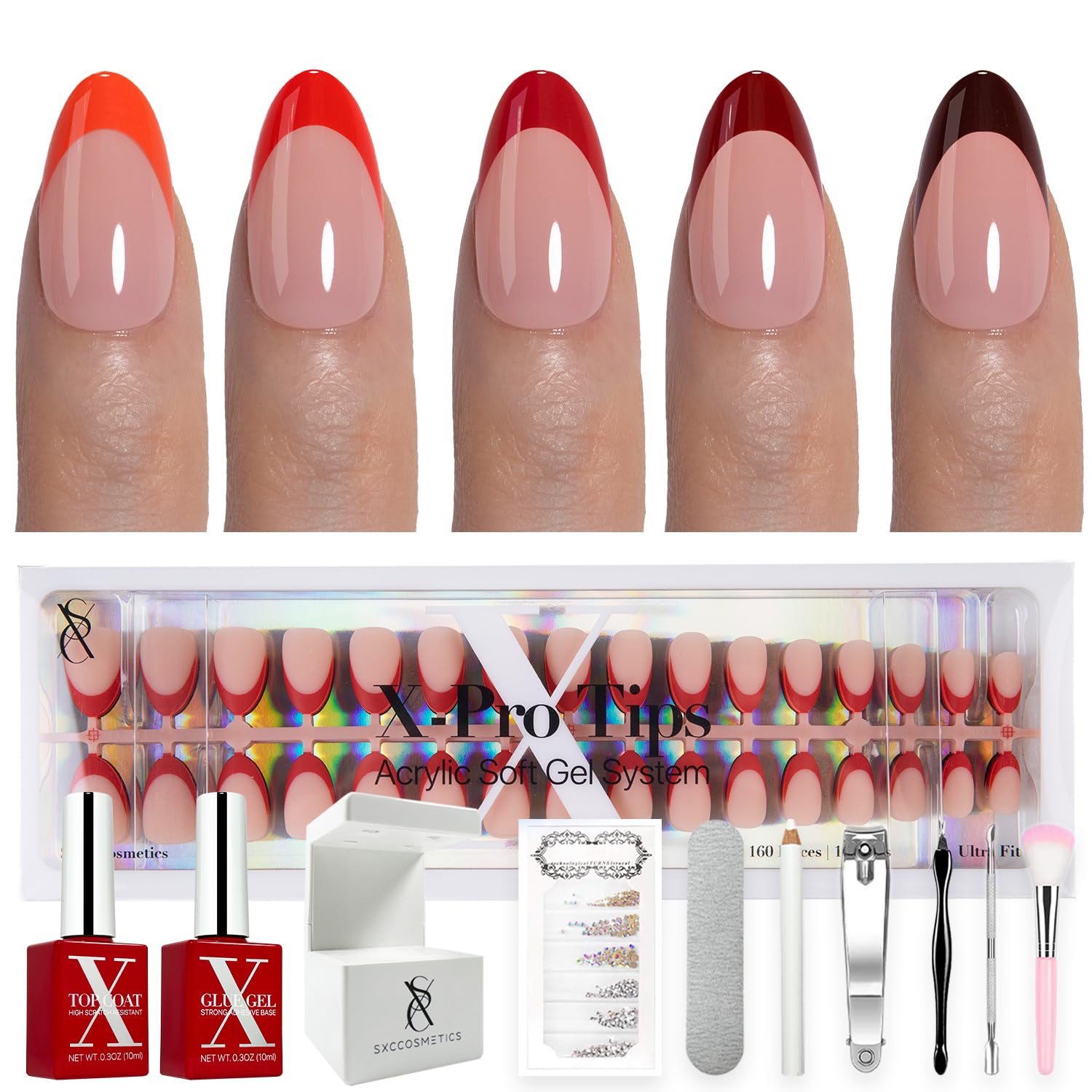 SXC Red Edition French Tip Nails Pack showcases bold red tips for a glamorous at-home manicure.