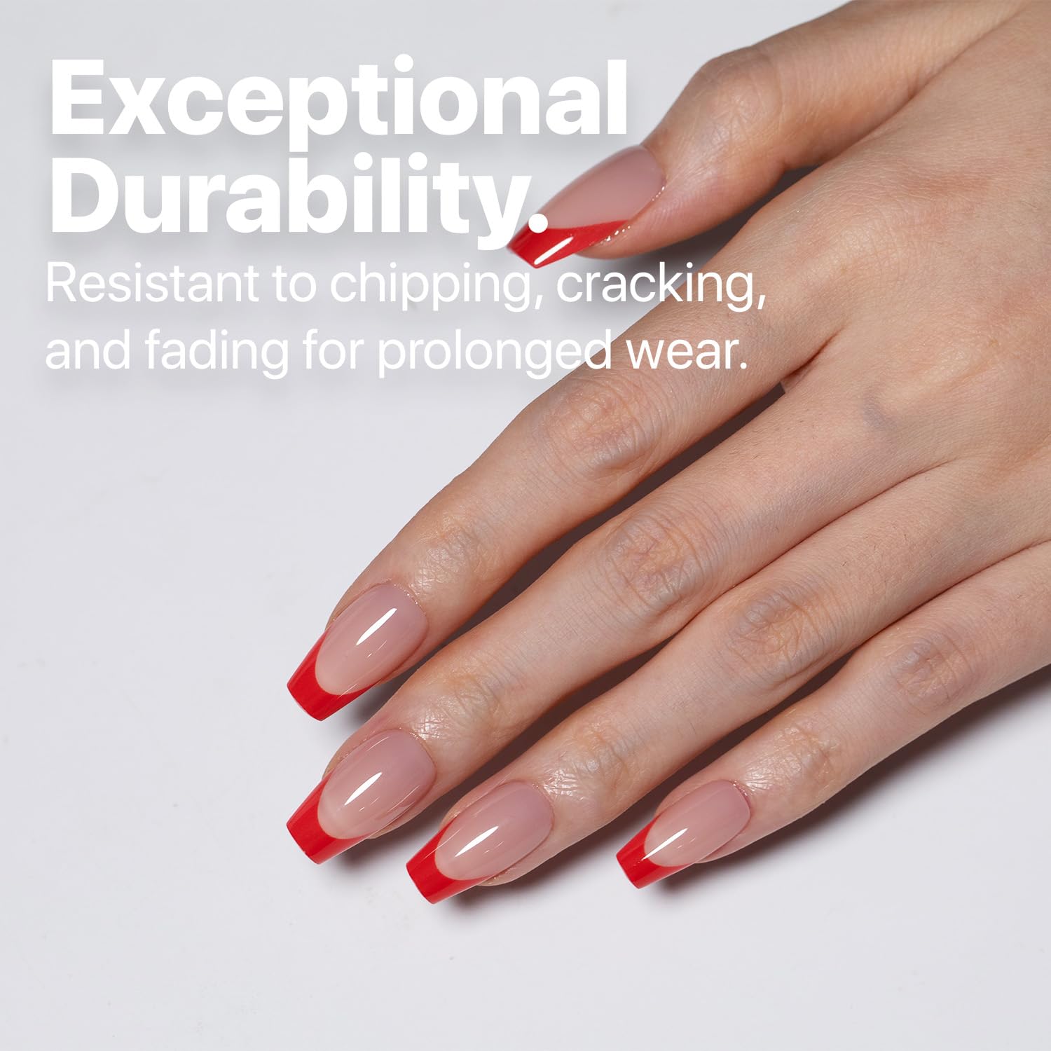 SXC Red Series coffin nails style close-up showing elegant shape and French red tip.