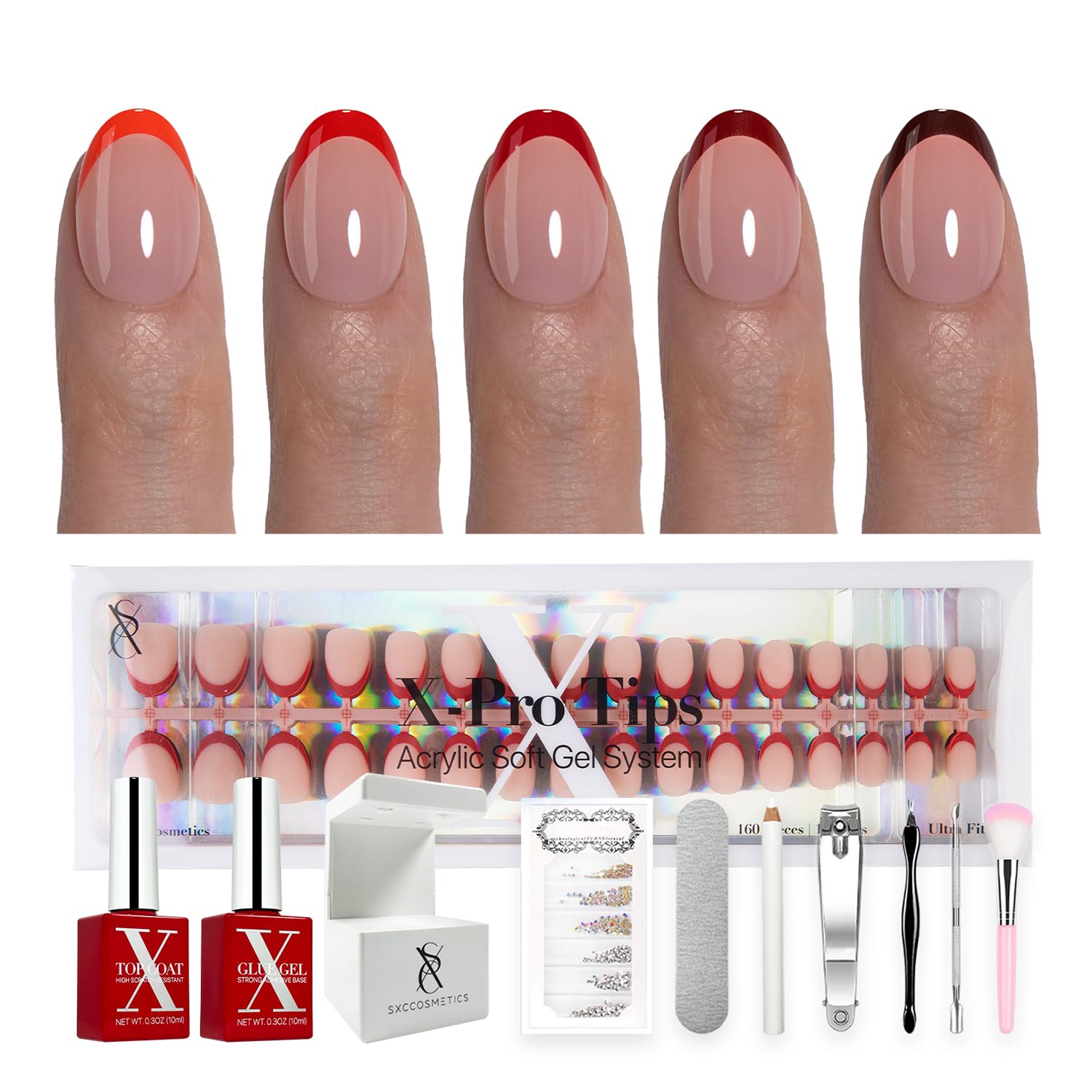 SXC X-Pro Tips French Tip Red Edition almond nails for at-home salon-ready look