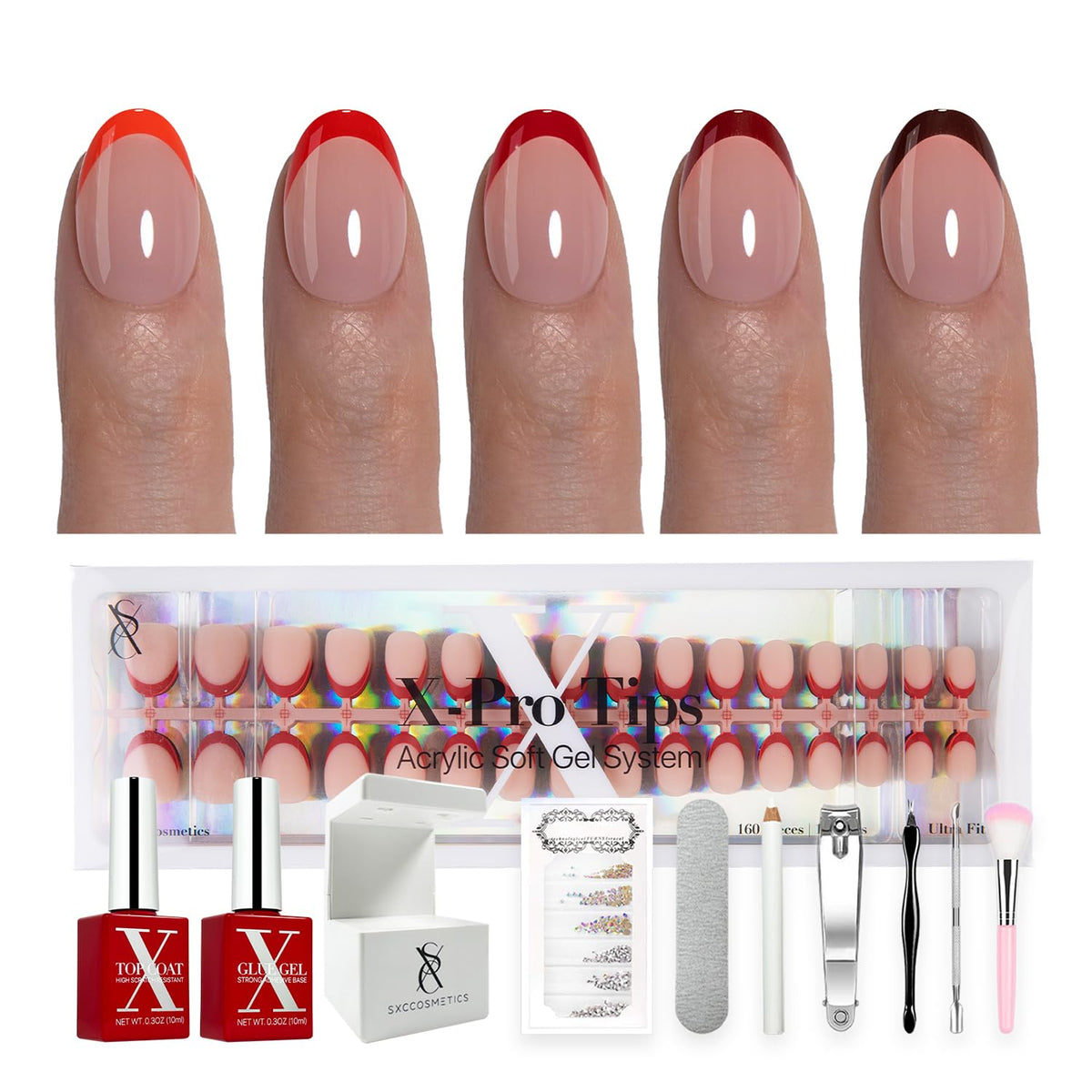 SXC X-Pro Tips French Tip Red Edition almond nails for at-home salon-ready look