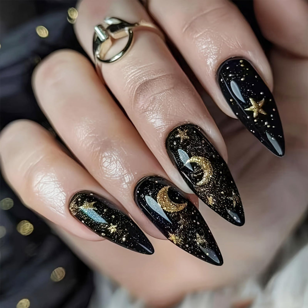 SXTSZJ black almond nails with moon stars design for quick chic looks
