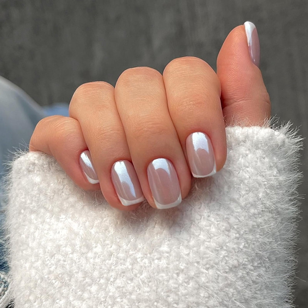SXTSZJ chrome press-on nails with white French design for quick at-home manicure