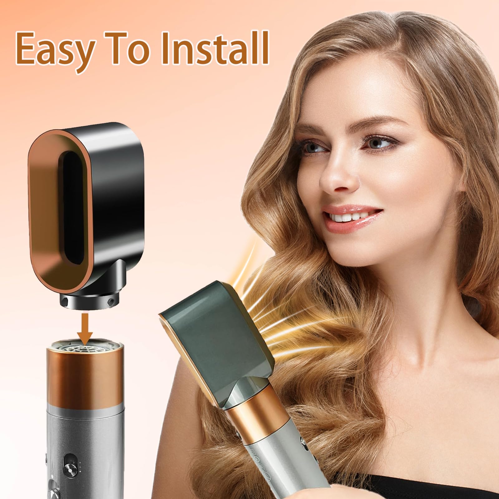 Sygbttq nozzle in use delivering targeted hair-drying action.