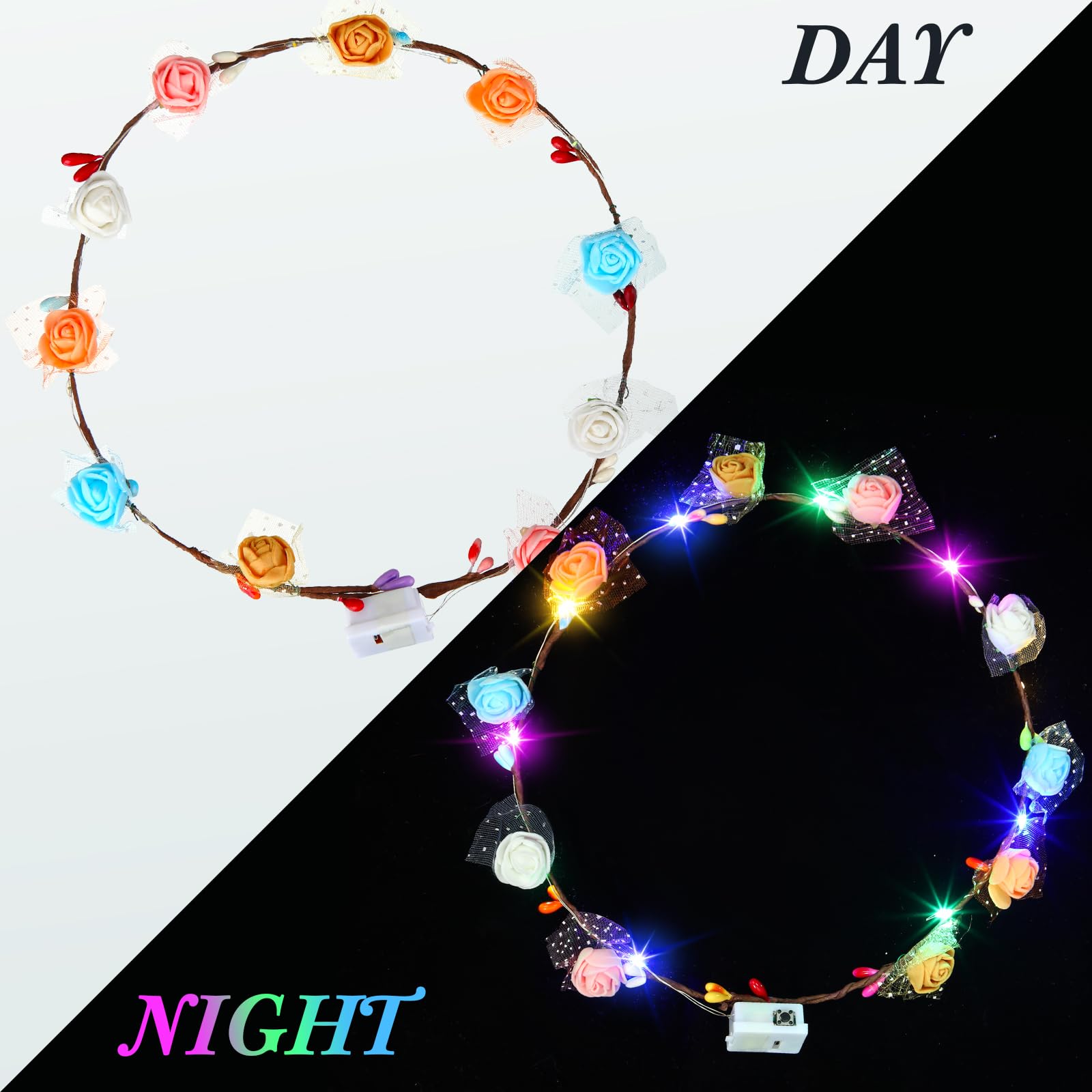 Syhood battery-powered flower crown provides long-lasting festive light.
