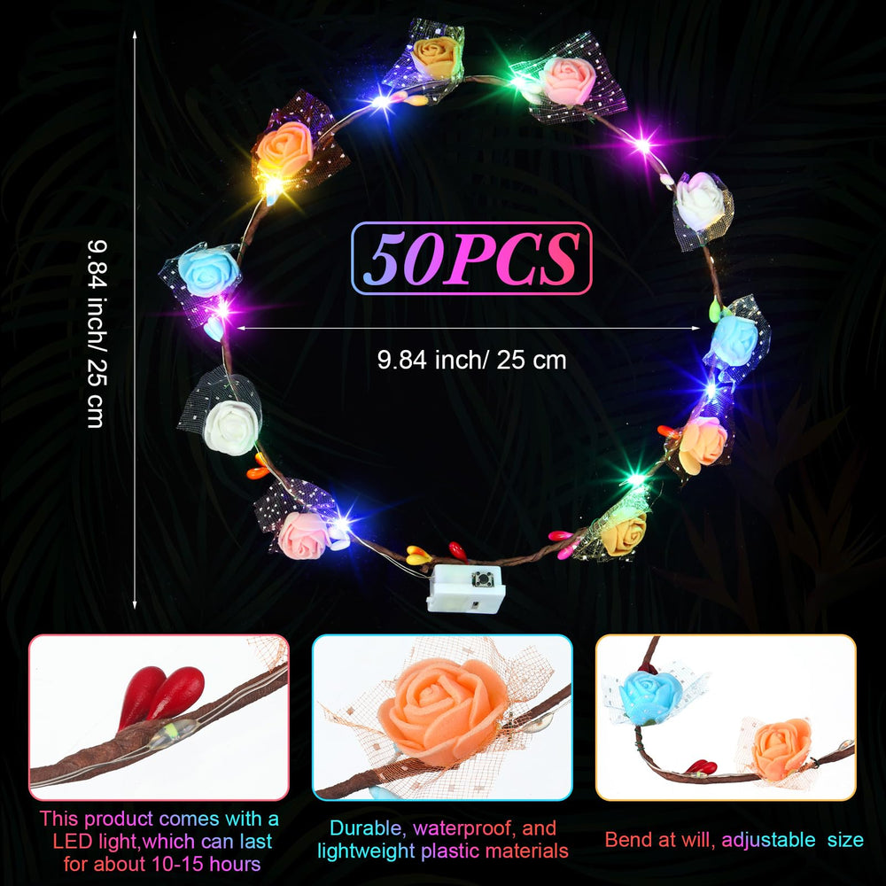 Syhood flower crown headband with six flowers glows in the dark for events.