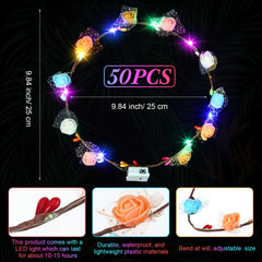 Syhood flower crown headband with six flowers glows in the dark for events.