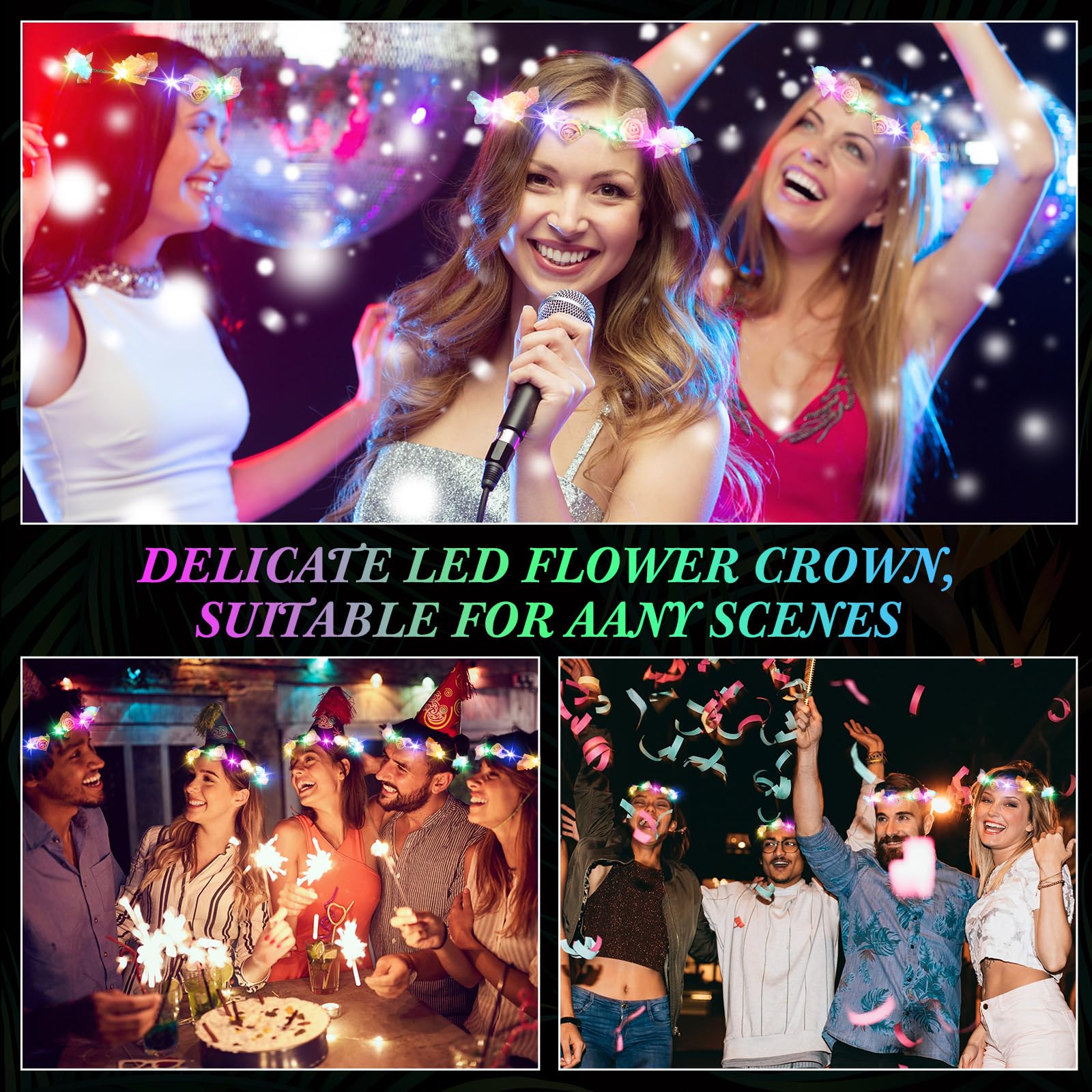 Syhood glow-in-the-dark flower wreath enhances festival costumes.