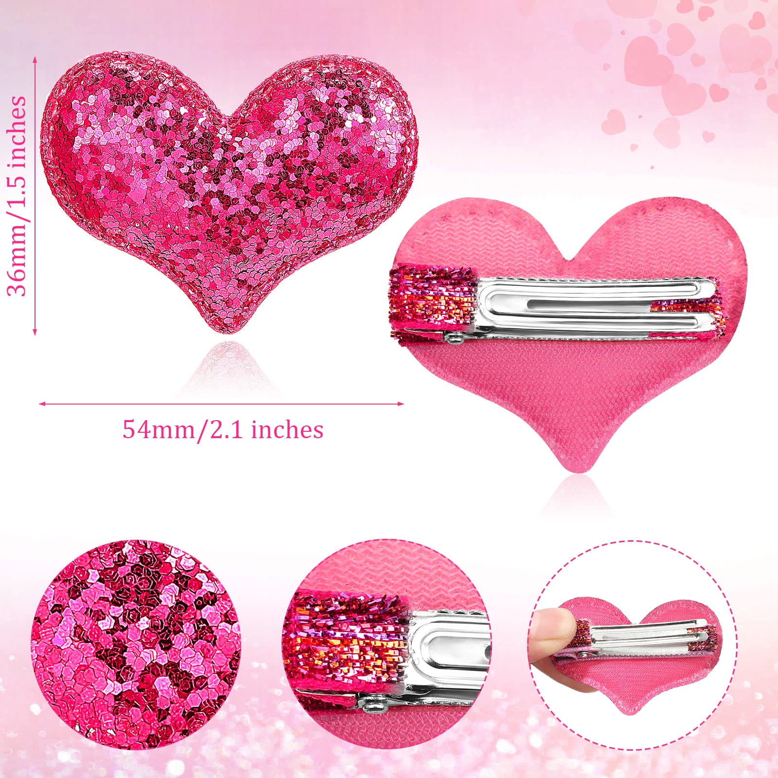 Syhood heart hair clip rose red glitter shines in lighting for festive looks.