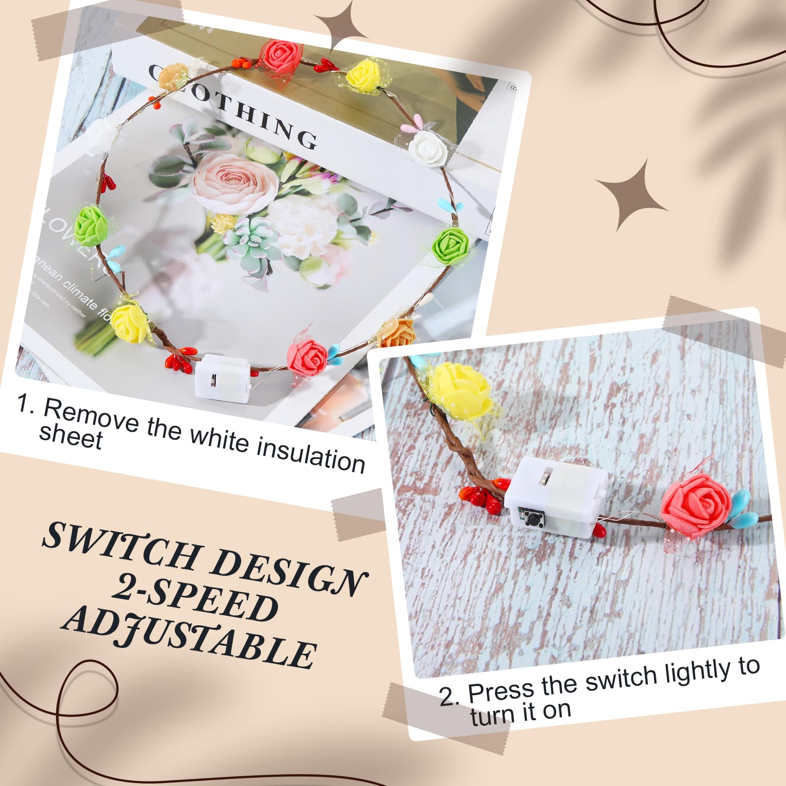 Syhood wedding party flower headband adds charm to bridal photos.