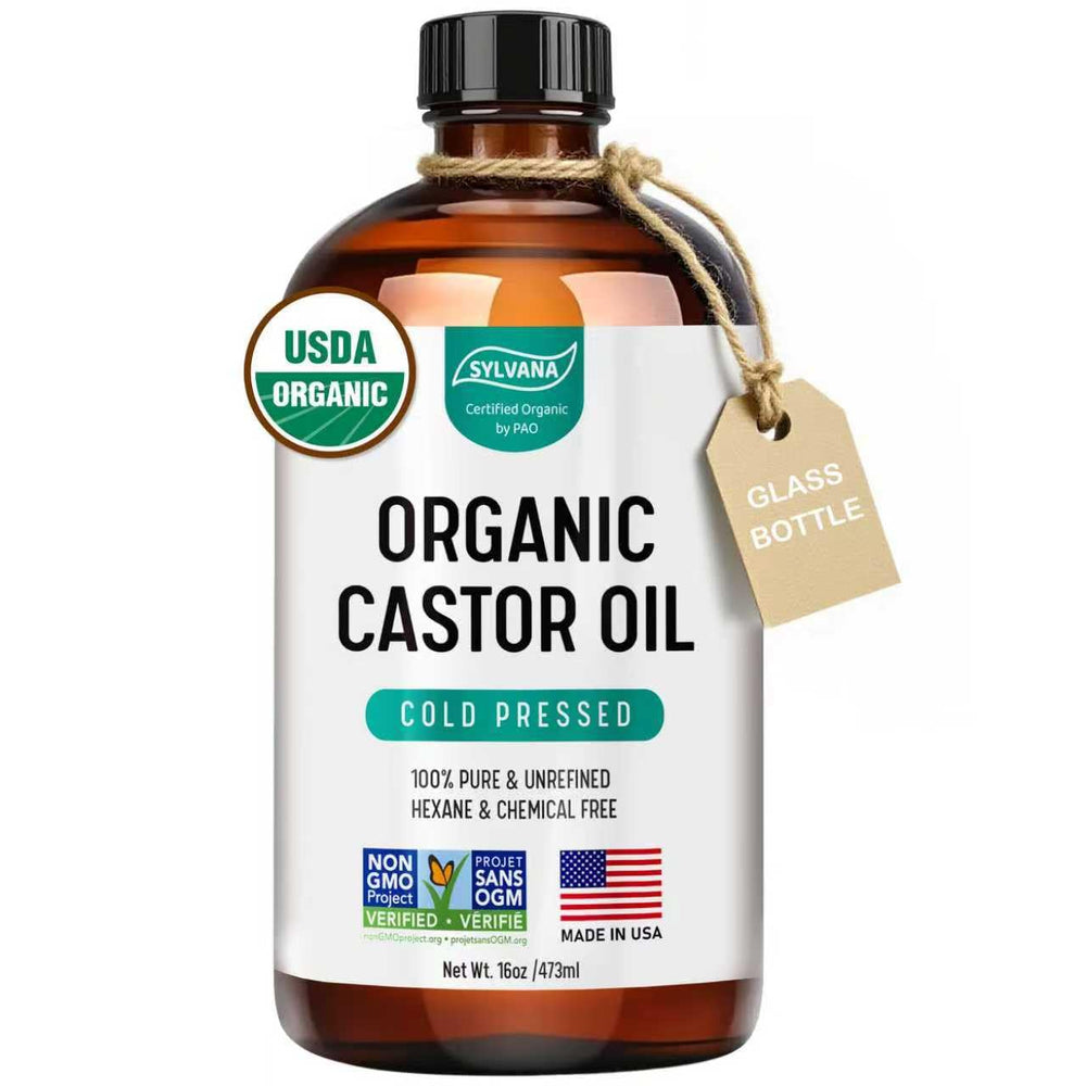 SYLVANA organic castor oil in amber bottle preserves potency for skin and hair care.