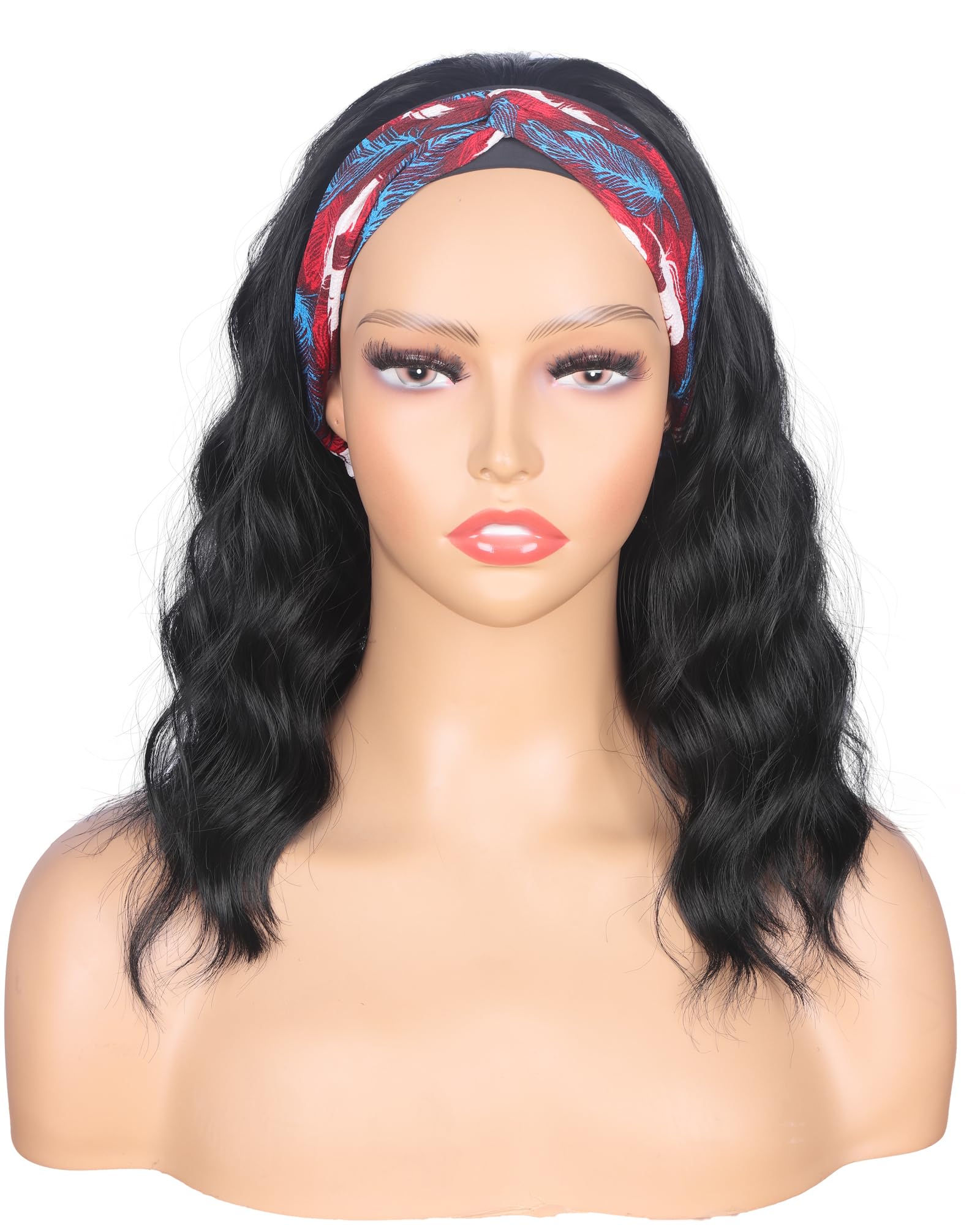 SYMEIW Black Wavy Headband Wig front view shows easy daily styling.