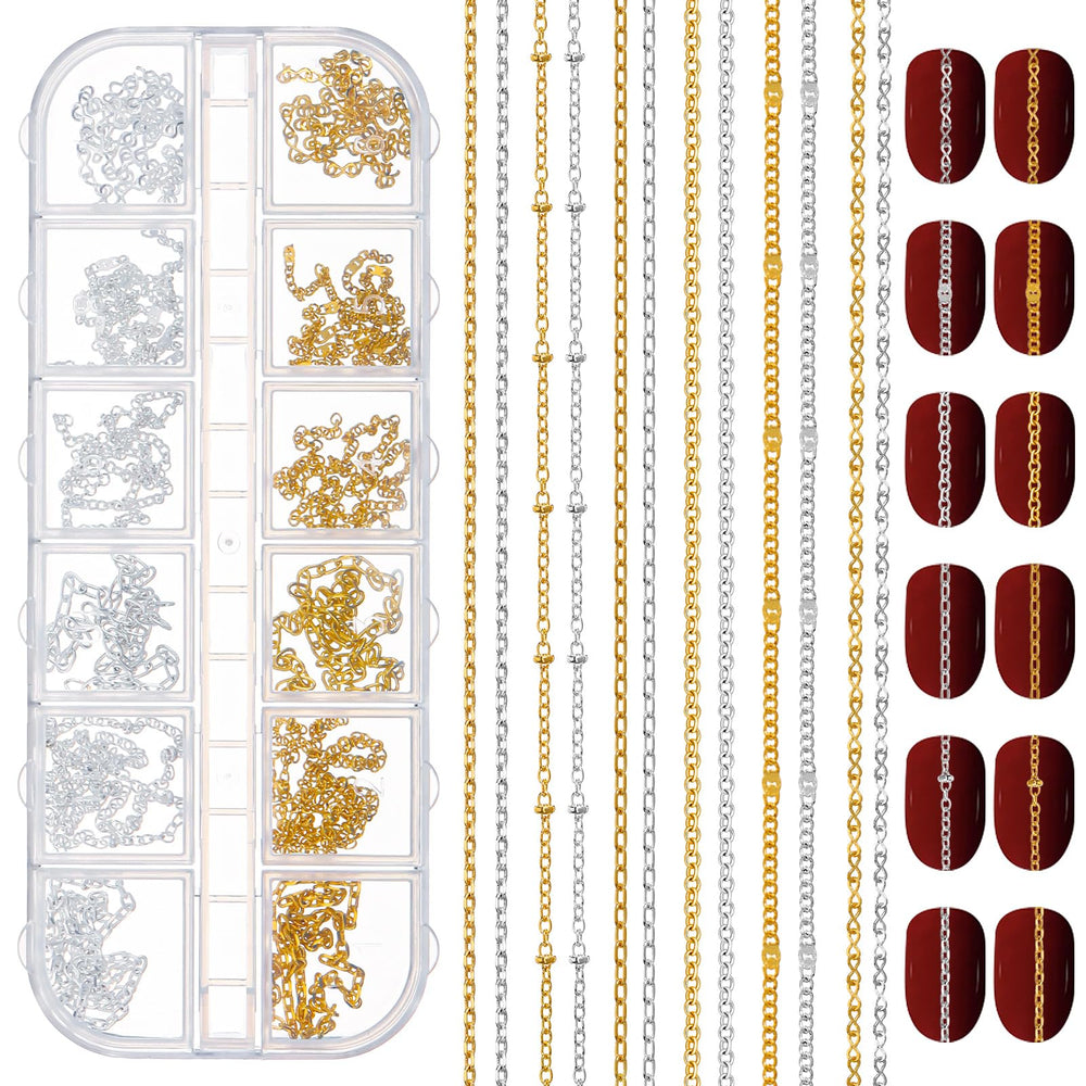SynHHergyx nail chains gold and silver set inside box for versatile manicure options