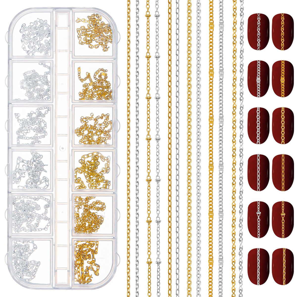 SynHHergyx nail chains gold and silver set inside box for versatile manicure options